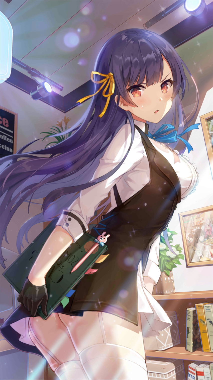 1girl ass black_gloves blue_hair breasts ceiling_light cowboy_shot criin dress frown garter_straps girl_cafe_gun gloves hair_ribbon highres holding indoors large_breasts light_rays long_hair long_sleeves looking_at_viewer official_art orange_eyes parted_lips ribbon shi_wuxia solo standing thighhighs v-shaped_eyebrows waitress white_dress white_legwear yellow_ribbon