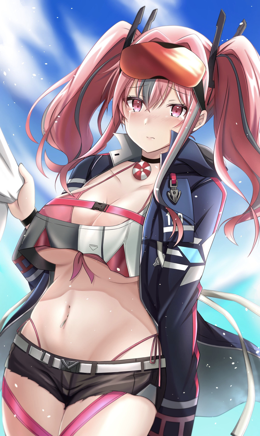 1girl absurdres aoharu_(haquka) azur_lane bangs belt bikini bikini_under_clothes black_choker black_shorts blue_background blue_jacket blush bow breasts bremerton_(azur_lane) choker cleavage closed_mouth collarbone commentary_request cowboy_shot crop_top crop_top_overhang crossed_bangs crying crying_with_eyes_open cutoffs ear_piercing eyebrows_visible_through_hair front-tie_bikini front-tie_top grey_belt grey_hair groin hair_between_eyes hair_bow hair_intakes hair_ornament hairclip highleg highleg_bikini highres hood hood_down hooded_jacket jacket large_breasts lifebuoy light_particles long_hair long_sleeves looking_at_viewer midriff mole mole_on_breast mole_under_eye multicolored_hair navel navel_piercing number open_clothes open_jacket piercing pink_bikini pink_eyes pink_hair red-tinted_eyewear shirt shirt_tug short_shorts shorts side-tie_bikini sidelocks snap-fit_buckle solo_focus standing streaked_hair swimsuit tears thigh_strap twintails two-tone_hair two-tone_shirt underboob white_shirt x_hair_ornament
