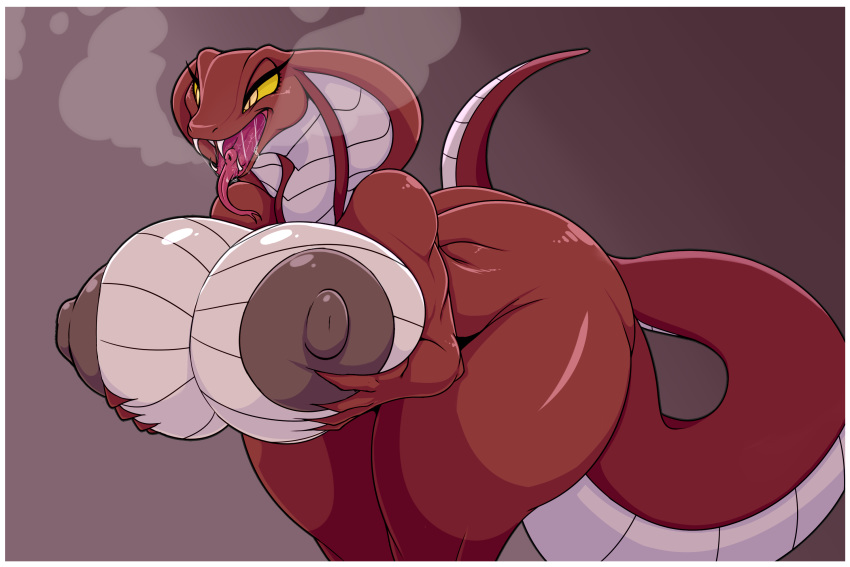 anthro ber00 big_breasts big_butt bodily_fluids breast_squish breasts breath butt fangs female fog groping_self hi_res huge_breasts nipples reptile saliva scalie snake solo squish thick_tail thick_thighs wide_hips