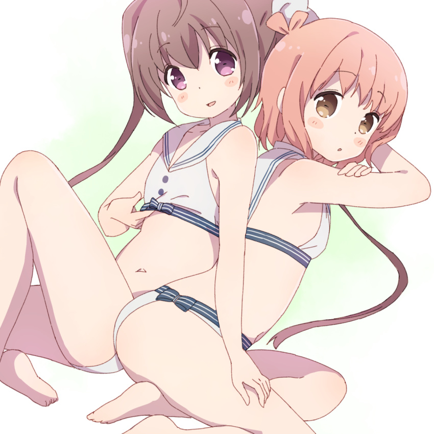 2girls back-to-back bikini blush_stickers brown_eyes brown_hair commentary flat_chest highres hiroki_(yyqw7151) ichinose_hana long_hair momochi_tamate multiple_girls orange_hair purple_eyes sailor_bikini sailor_collar short_hair simple_background slow_start swimsuit twintails