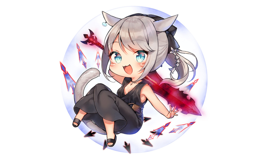 animal_ears aqua_eyes bow breasts cat_smile catgirl chibi cleavage dress final_fantasy final_fantasy_xiv gray_hair magic midorikawa_you miqo'te necklace ponytail sword tail waifu2x weapon white