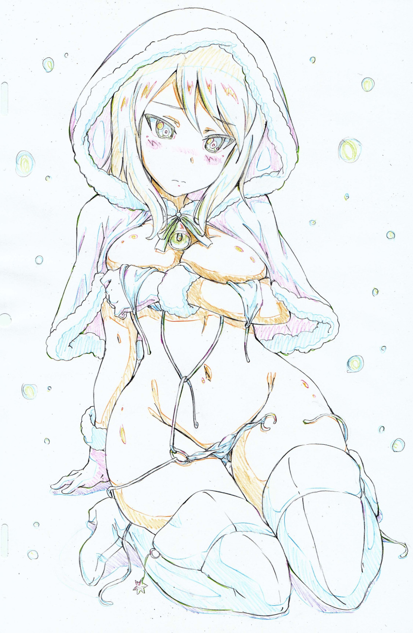 1girl absurdres arm_support bangs bell bikini blush boots breasts capelet christmas closed_mouth color_trace colored_pencil_(medium) commentary covering covering_breasts embarrassed frown fur-trimmed_capelet fur-trimmed_gloves fur_trim girls_und_panzer gloves groin high_heel_boots high_heels highres hood hood_up hooded_capelet kitazinger kneeling large_breasts leaning_back long_hair looking_at_viewer mika_(girls_und_panzer) navel o-ring o-ring_bikini red_capelet red_gloves swimsuit thigh_boots thighhighs torn_bikini traditional_media wardrobe_malfunction white_bikini white_footwear
