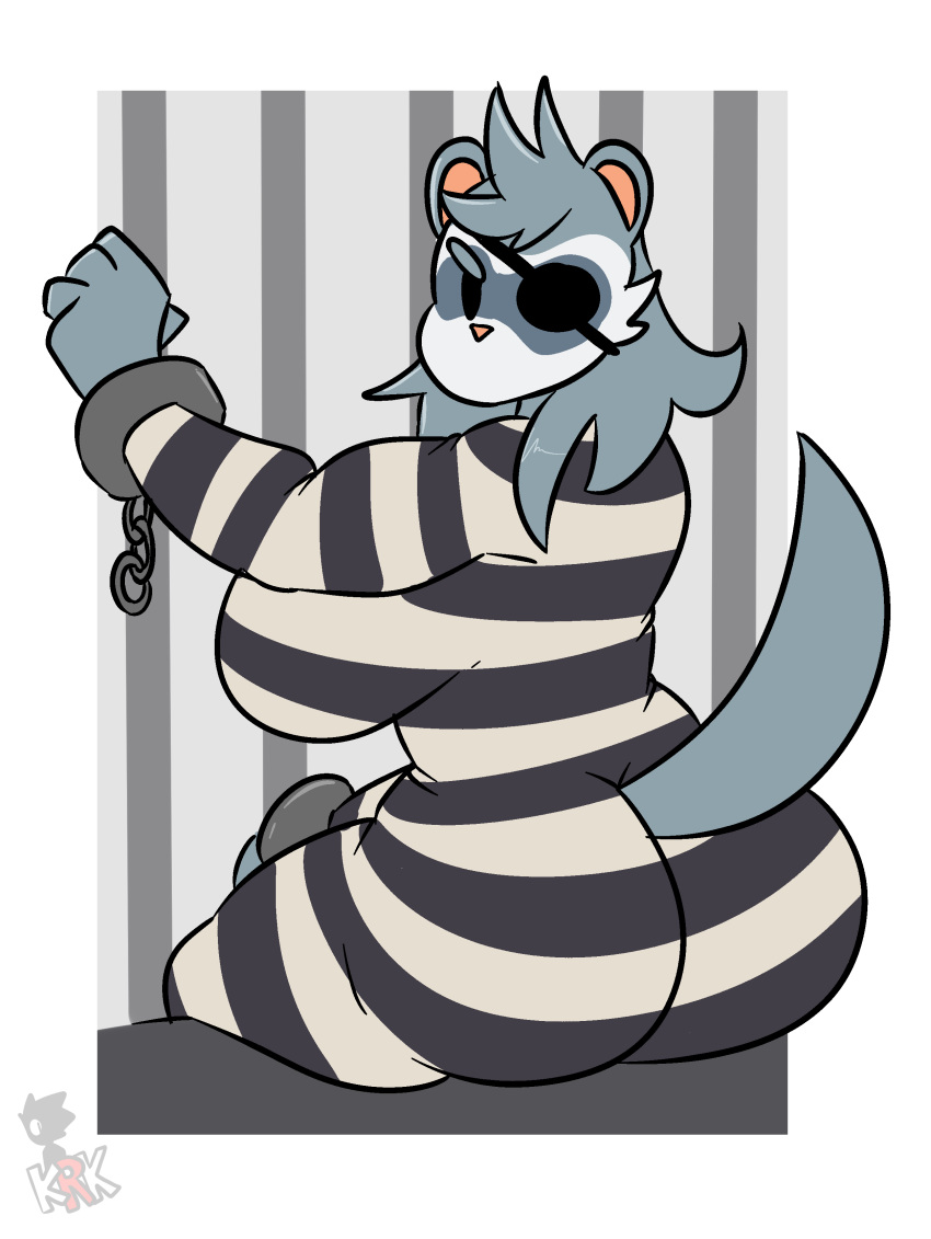 2020 absurd_res anthro big_breasts big_butt border breasts butt domestic_ferret empty_eyes eye_patch eyewear female fur grey_body grey_fur handcuffs hi_res kingretrokirby looking_at_viewer looking_back mammal mouthless mustela mustelid musteline prison_uniform prisoner shackles side_boob sitting solo super_animal_royale thick_thighs white_border