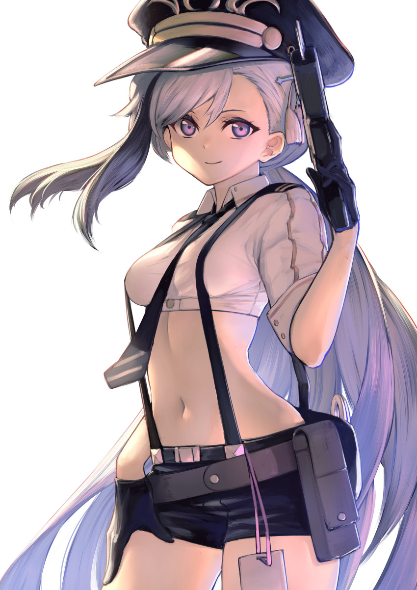 1girl absurdres azur_lane belt belt_pouch black_gloves black_headwear black_shorts breasts collared_shirt commentary_request cowboy_shot crop_top gloves hair_ornament hand_on_own_thigh hand_up hat highres holding huge_filesize itaco1987 long_hair looking_at_viewer low_ponytail medium_breasts midriff minsk_(azur_lane) minsk_(thunderous_jailor)_(azur_lane) multicolored_hair navel necktie peaked_cap pouch purple_eyes shirt short_shorts short_sleeves shorts silver_hair simple_background smile solo stomach suspenders taser tassel two-tone_hair very_long_hair white_background white_shirt