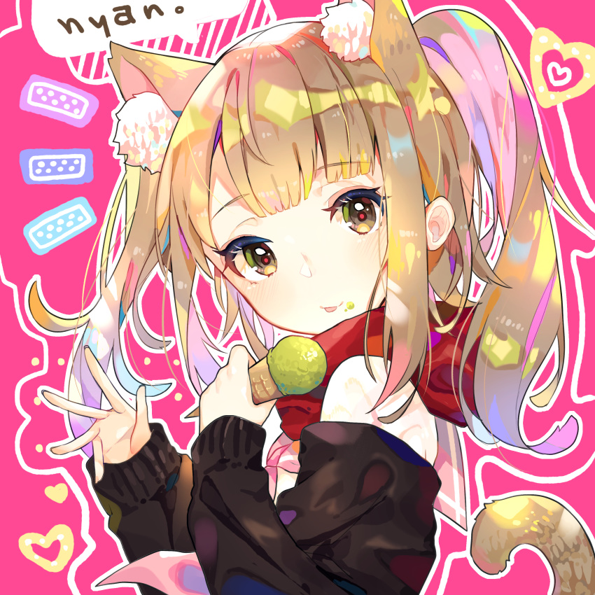 1girl absurdres animal_ear_fluff animal_ears bangs bare_shoulders black_sweater blush brown_eyes brown_hair cat_ears cat_girl cat_tail eyebrows_visible_through_hair food food_on_face hands_up heart highres holding holding_food ice_cream ice_cream_cone ice_cream_on_face long_hair long_sleeves looking_at_viewer looking_to_the_side mao_ge nyan off-shoulder_sweater off_shoulder original purple_background red_scarf romaji_text scarf sleeves_past_wrists solo sweater tail tail_raised tongue tongue_out twintails