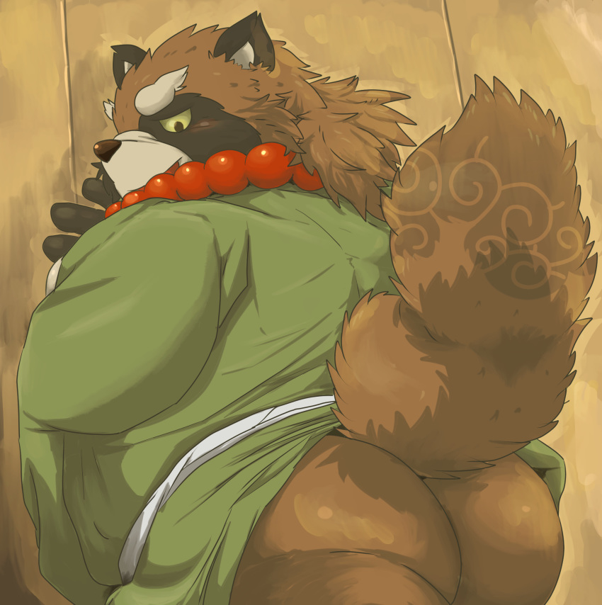 anthro big_butt bottomless brown_body brown_fur butt canid canine clothed clothing fur gyobu hair hi_res jewelry long_hair looking_at_viewer looking_back male mammal necklace overweight raccoon_dog robe solo tanuki tokyo_afterschool_summoners video_games yamatoji201