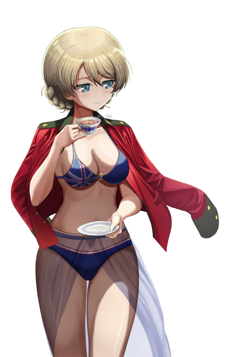 1girl absurdres artist_name bangs bikini blonde_hair blue_bikini blue_eyes blue_sarong braid breasts cleavage closed_mouth commentary_request cup darjeeling_(girls_und_panzer) epaulettes girls_und_panzer highres holding holding_cup holding_saucer jacket jacket_on_shoulders korean_commentary long_sleeves looking_to_the_side medium_breasts military military_uniform o-ring o-ring_bikini pinky_out print_bikini red_jacket sarong saucer short_hair signature simple_background skindentation smile solo st._gloriana's_military_uniform standing swimsuit tea teacup tied_hair twin_braids uniform union_jack union_jack_bikini white_background wind ydg_(eorbsaos1004)