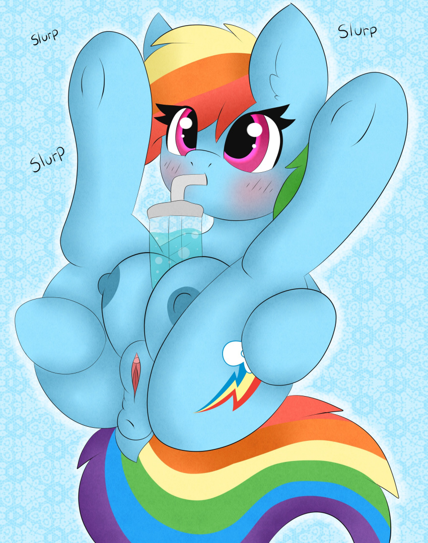 absurd_res anus beverage big_teats blush clitoris drinking equid equine female feral friendship_is_magic genitals hi_res horse mammal miss-jessiie my_little_pony nipples pony pussy rainbow_dash_(mlp) solo teats
