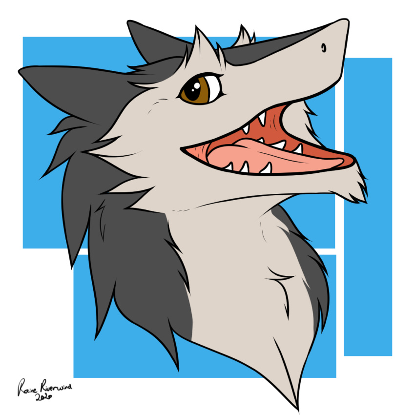 1:1 ambiguous_gender anthro blue_background brown_eyes bust_portrait fur grey_body grey_fur portrait rainingrush sergal serklon_(character) simple_background solo watermark white_background