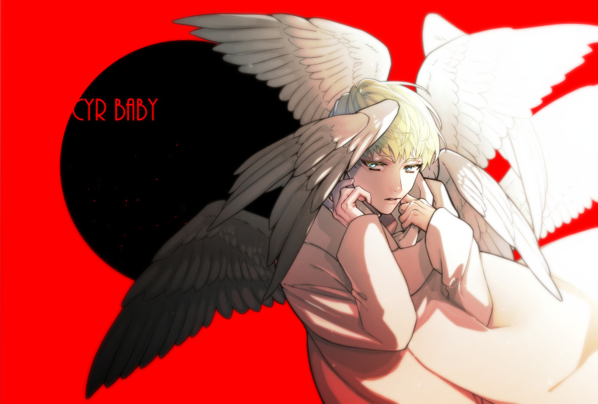 1boy asuka_ryou bangs blonde_hair blue_eyes coat commentary copyright_name devilman devilman_crybaby english_commentary highres long_sleeves looking_at_viewer male_focus manogiichi multiple_wings parted_lips red_background sleeves_past_wrists solo typo upper_body white_coat wings