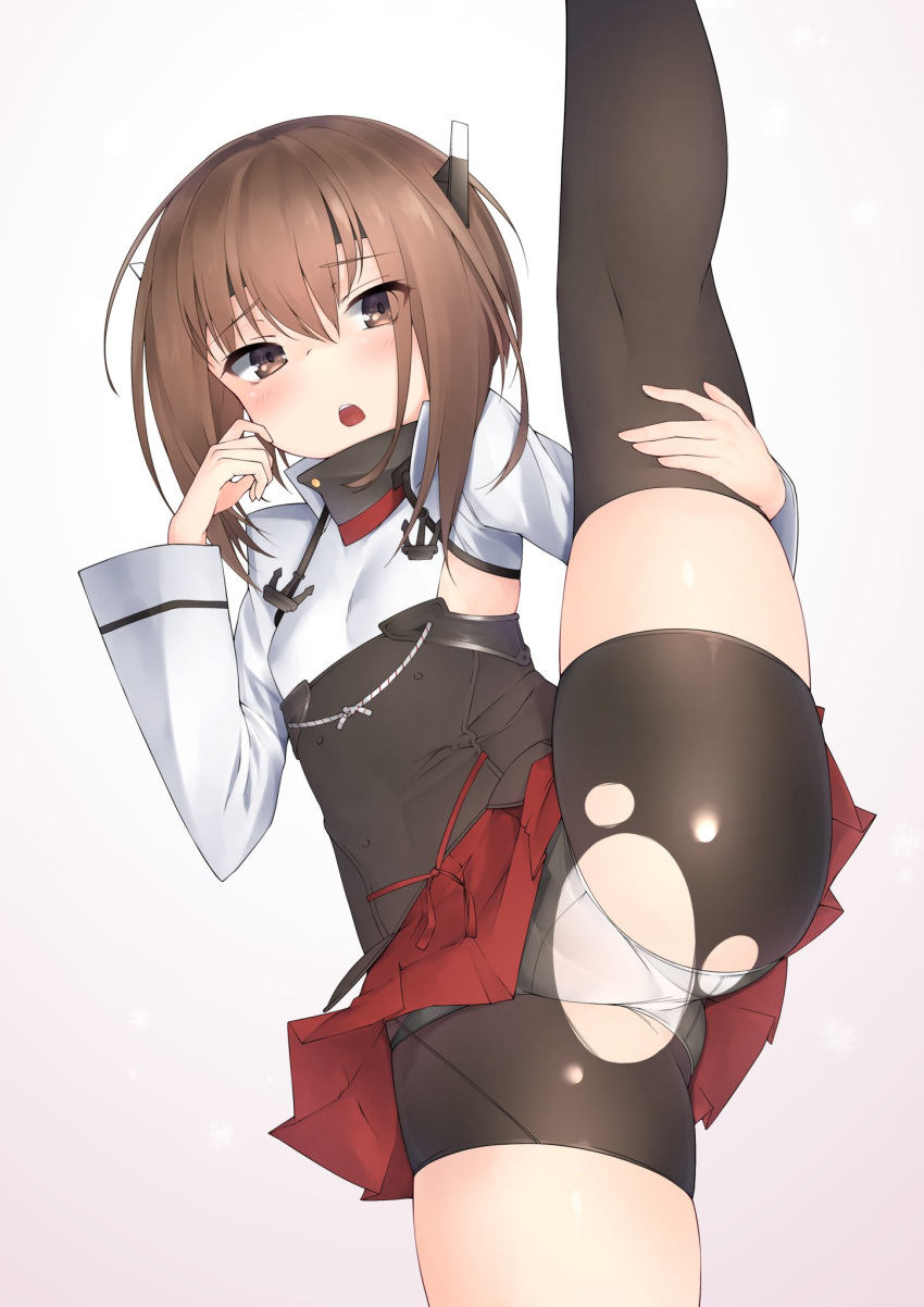 1girl anus bike_shorts black_legwear brown_eyes brown_hair censored embarrassed highres kantai_collection kneehighs leg_lift panties pussy red_skirt short_hair skirt taihou_(kantai_collection) torn_bike_shorts torn_clothes underwear white_panties zetsuriinu_(kairyougata)