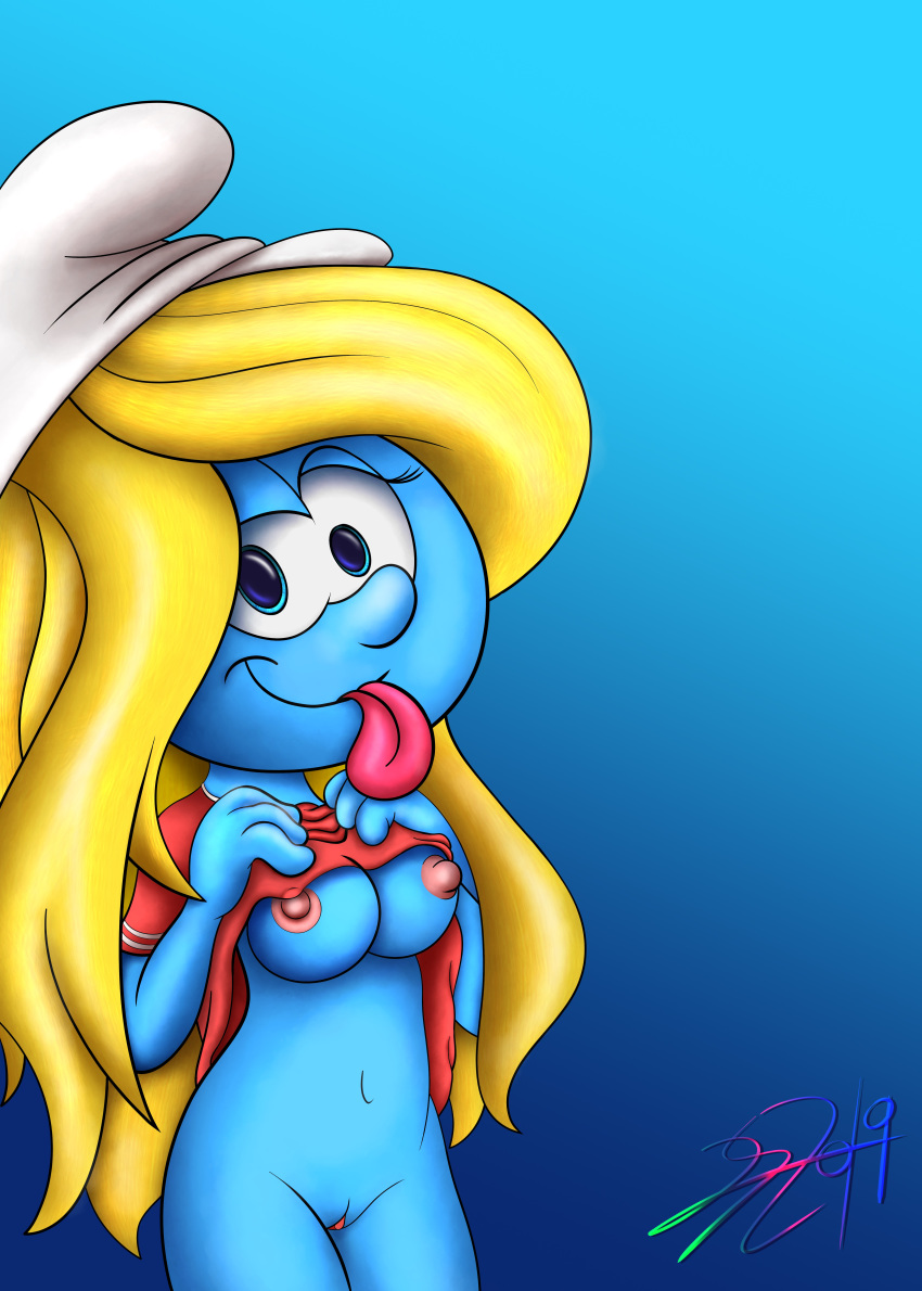 absurd_res blonde_hair blue_body blue_skin bottomless breasts clitoris clothed clothing clothing_lift female genitals hair hi_res humanoid lobogris looking_at_viewer nipples not_furry pussy shirt shirt_lift smurf smurfette solo the_smurfs tongue tongue_out topwear