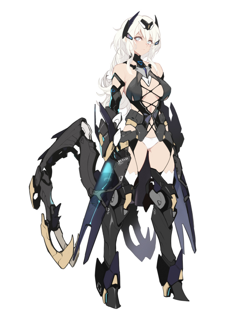 1girl absurdres armored_boots blue_eyes boots breasts closed_mouth full_body hair_ornament high_heels highres large_breasts long_hair mechanical_arms original panties platinum_blonde_hair realmbw standing thighhighs underwear white_panties