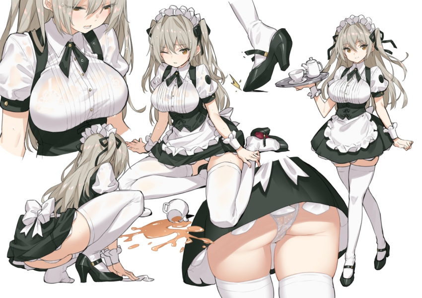 1girl apron ass bangs black_footwear black_neckwear blush bra breasts brown_eyes cup dress eyebrows_visible_through_hair eyes_visible_through_hair fanbox_reward frills grey_hair hair_ribbon high_heels holding holding_tray large_breasts long_hair maid maid_headdress multiple_views one_eye_closed open_mouth original paid_reward panties polka_dot polka_dot_panties ribbon saitou_masatsugu see-through short_sleeves simple_background skindentation smile spill teacup teapot thighhighs tray two_side_up underwear waist_apron wet wet_clothes white_apron white_background white_bra white_legwear white_panties wrist_cuffs