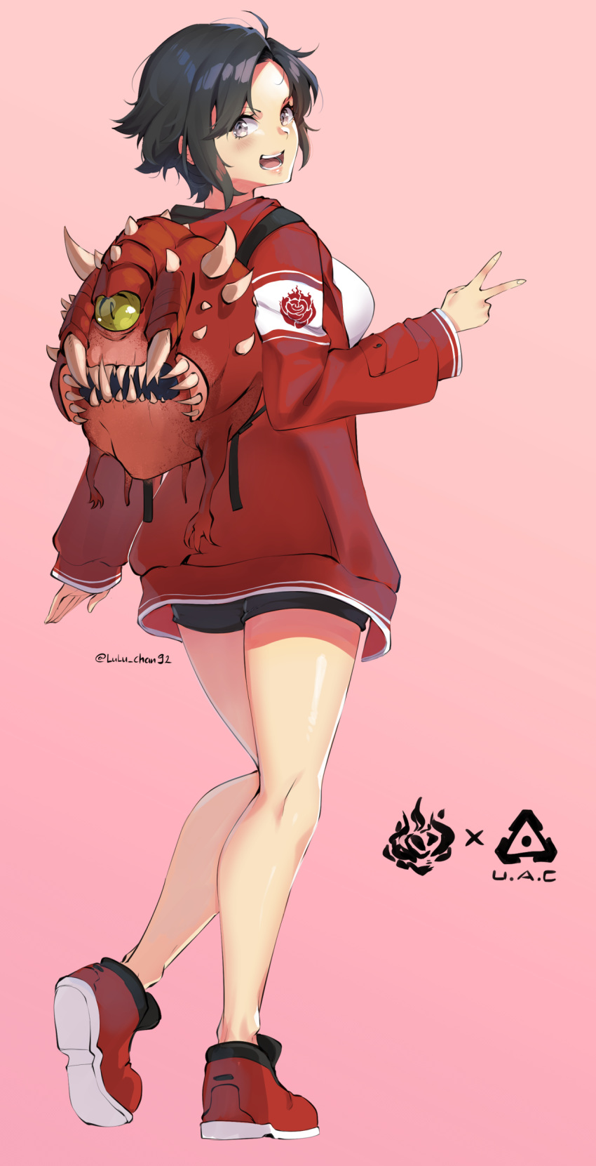 1girl absurdres backpack bag black_hair black_shorts breasts cacodemon doom_(game) full_body highres jacket large_breasts long_sleeves looking_at_viewer lulu-chan92 open_mouth pink_background pun red_footwear red_jacket ruby_rose rwby shirt shoes short_hair shorts silver_eyes simple_background smile solo v white_shirt