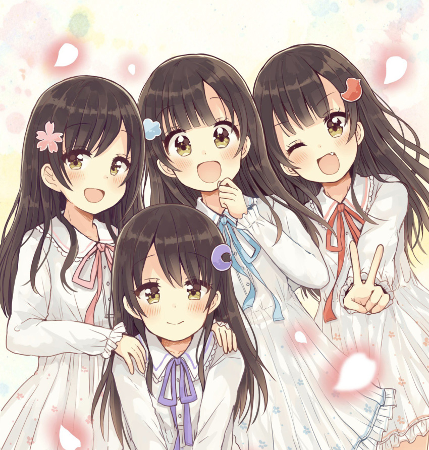 4girls :d ;d bangs blue_ribbon blush brown_eyes brown_hair cherry_blossoms closed_mouth collared_dress commentary_request crescent crescent_hair_ornament dress duck_hair_ornament eyebrows_visible_through_hair fang floral_print flower frilled_dress frills hair_between_eyes hair_flower hair_ornament hands_on_another's_shoulders highres long_hair long_sleeves multiple_girls neck_ribbon one_eye_closed open_mouth original petals pink_flower pink_ribbon pleated_dress print_dress purple_ribbon quadruplets red_ribbon ribbon sakura_oriko siblings sisters sleeves_past_wrists smile v very_long_hair white_dress