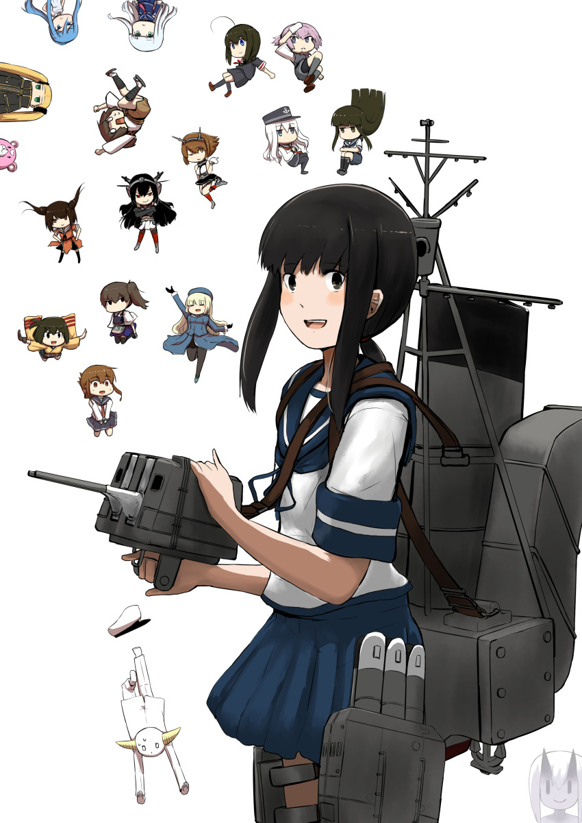 6+girls absurdres admiral_(kantai_collection) aoki_hagane_no_arpeggio atago_(kantai_collection) black_eyes black_hair blue_sailor_collar blue_skirt chibi cowboy_shot crossover fubuki_(kantai_collection) haruna_(aoki_hagane_no_arpeggio) hatsuyuki_(kantai_collection) hibiki_(kantai_collection) highres hiryuu_(kantai_collection) hitokoe inazuma_(kantai_collection) iona ise_(kantai_collection) kaga_(kantai_collection) kantai_collection kirishima_(aoki_hagane_no_arpeggio) long_hair looking_at_viewer low_ponytail lycoris_fubuki machinery multiple_girls mutsu_(kantai_collection) nagato_(kantai_collection) pleated_skirt ponytail sailor_collar school_uniform sendai_(kantai_collection) serafuku shigure_(kantai_collection) shiranui_(kantai_collection) short_ponytail sidelocks simple_background skirt smokestack solo_focus stuffed_animal stuffed_toy takao_(aoki_hagane_no_arpeggio) teddy_bear torpedo_launcher white_background yotarou_(aoki_hagane_no_arpeggio)