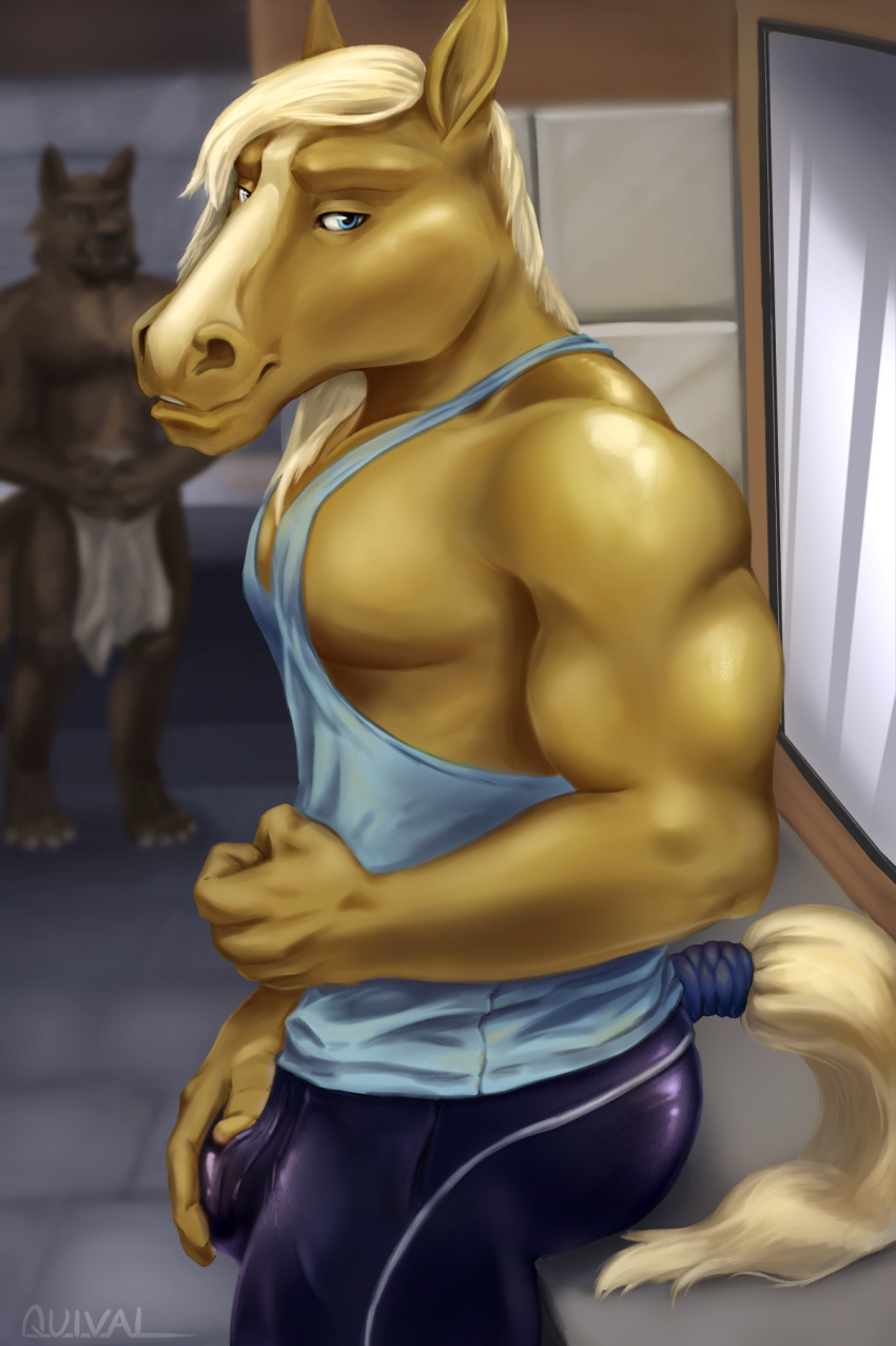 2020 anthro bulge bulge_grab canid canine canis clothed clothing digital_media_(artwork) equid equine hi_res horse looking_at_viewer male mammal muscular pecs quival shirt smile tank_top tile_floor topless topwear towel wolf