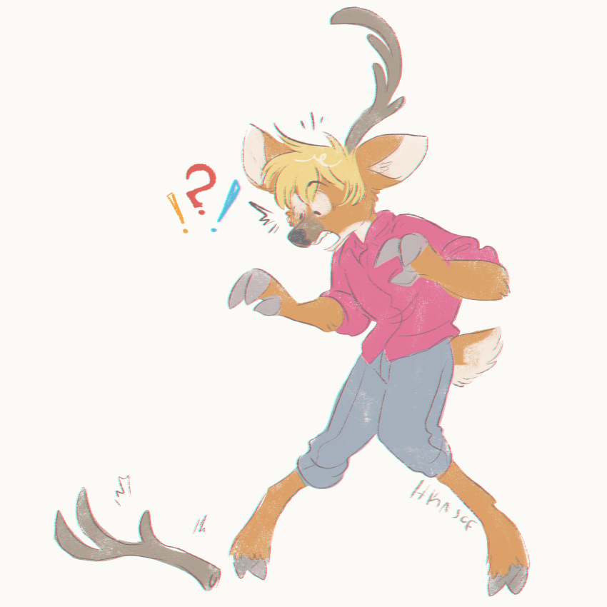 1:1 absurd_res anthro antlers blonde_hair blue_eyes cervid cervine chital cloven_hooves deer-spangle dewclaw fingers hair hi_res hkasof hooved_fingers hooves horn male mammal simple_background solo spots