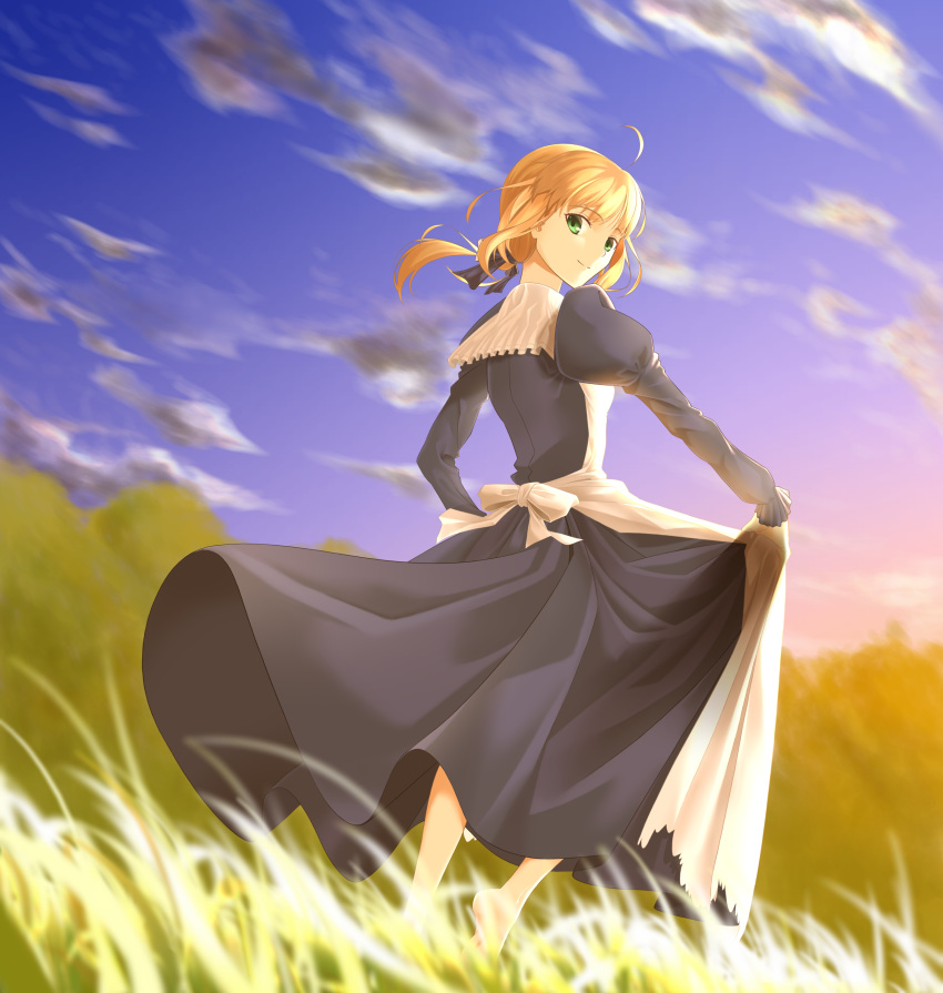 1girl absurdres ahoge apron artoria_pendragon_(all) bangs barefoot blonde_hair blue_dress blue_sky blurry_foreground closed_mouth cloud day dress eyebrows_visible_through_hair fate/stay_night fate_(series) floating_hair grass green_eyes highres long_dress long_hair long_sleeves looking_at_viewer looking_back nw_0925 outdoors saber shiny shiny_hair sky smile solo walking white_apron