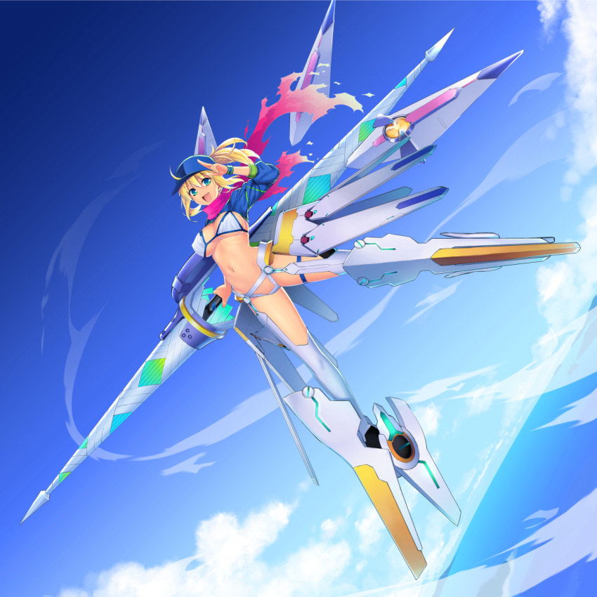 1girl ahoge artoria_pendragon_(all) bangs baseball_cap bikini blonde_hair blue_eyes blue_headwear blue_jacket blue_sky breasts cleavage cropped_jacket fate/grand_order fate_(series) flying hair_between_eyes hair_through_headwear hat highres jacket lance large_breasts legs long_hair looking_at_viewer mecha_musume mysterious_heroine_xx_(foreigner) namonashi navel ocean open_mouth pink_scarf polearm ponytail sandals scarf shrug_(clothing) side-tie_bikini sidelocks sky smile solo swimsuit thigh_strap twinmyniad weapon white_bikini wristband