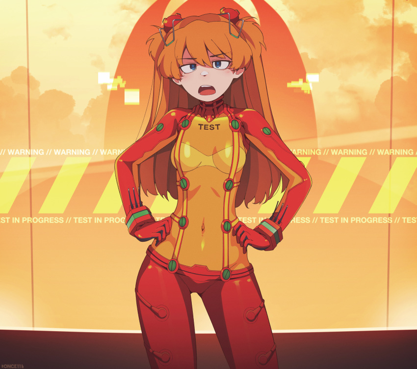 1girl absurdres blue_eyes bodysuit breasts evangelion:_2.0_you_can_(not)_advance eyebrows_visible_through_hair hands_on_hips highres huge_filesize long_hair looking_at_viewer medium_breasts neon_genesis_evangelion once_11h open_mouth plugsuit rebuild_of_evangelion red_hair shikinami_asuka_langley solo souryuu_asuka_langley test_plugsuit