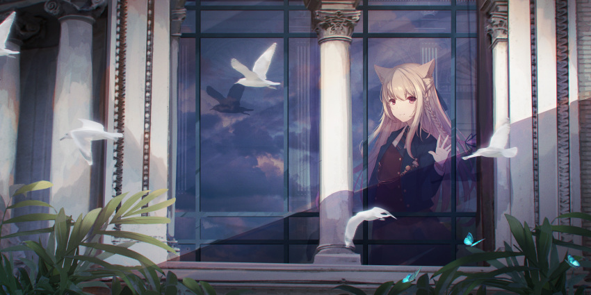 1girl absurdres animal_ears bangs bird blonde_hair blue_jacket braid brown_dress brown_eyes bug butterfly buttons closed_mouth cloud commentary_request dress fantasy hair_ribbon hand_on_window highres insect jacket leaf long_hair necktie original reflection ribbon sagiri_(ulpha220) scenery shadow shirt sky smile solo standing white_shirt window