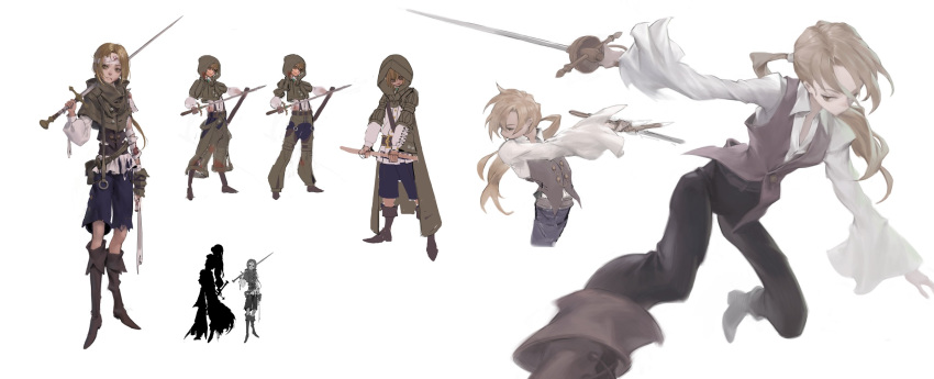 1boy bandaged_arm bandaged_head bandages belt belt_buckle blonde_hair boots brown_footwear buckle closed_mouth highres holding holding_sheath holding_sword holding_weapon hood long_hair male_focus original over_shoulder ponytail pouch rapier scabbard sheath silhouette simple_background sketch solo standing sword torn_clothes weapon weapon_over_shoulder white_background yellow_eyes yuho_kim