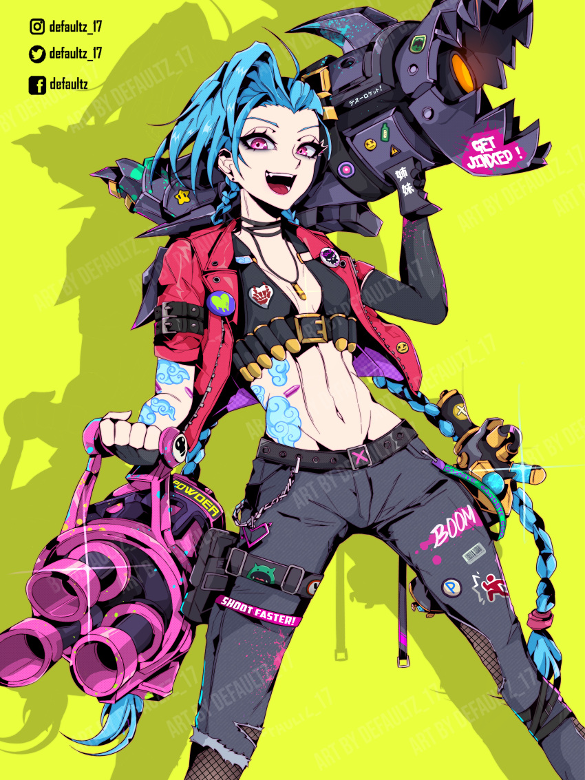 :d absurdres ahoge alternate_costume artist_name barcode belt black_belt black_pants blue_hair braid breasts caution_tape character_name defaultz english_text facebook_logo fangs gatling_gun get_jinxed green_background groin gun handgun heart highres holding holding_weapon instagram_logo jacket jewelry jinx_(league_of_legends) keep_out league_of_legends long_hair long_sleeves looking_at_viewer minigun navel necklace open_clothes open_jacket open_mouth pants pink_eyes pistol red_jacket rocket_launcher shell_casing shiny shiny_hair short_sleeves small_breasts smile solo stomach stomach_tattoo tattoo teeth translated twin_braids twitter_logo weapon