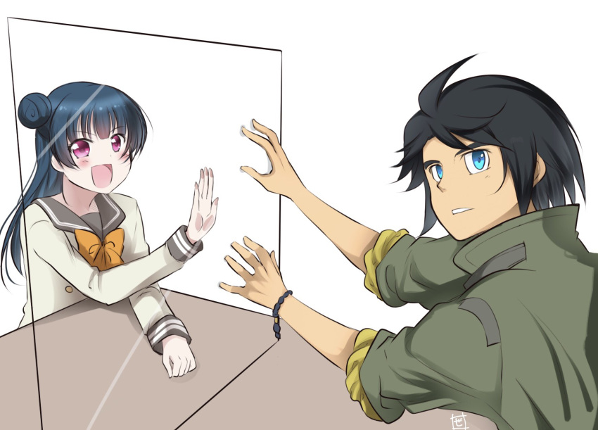 1boy 1girl ahoge bangs black_hair blue_eyes blue_hair bracelet check_commentary commentary_request company_connection crossover eyebrows_visible_through_hair glass gundam gundam_tekketsu_no_orphans hair_bun highres jacket jewelry kawanishi_kengo kobayashi_aika long_hair long_sleeves looking_at_viewer love_live! love_live!_sunshine!! mikazuki_augus pink_eyes school_uniform seiyuu_connection short_hair sidelocks sleeves_rolled_up sunrise_(company) table tsushima_yoshiko uranohoshi_school_uniform zero-theme