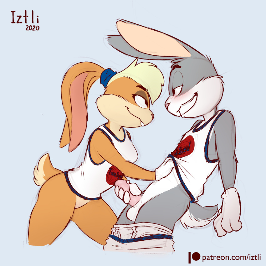 1:1 2020 anthro anthro_on_anthro balls blush bottomless bugs_bunny clothed clothing duo erection eye_contact female fur genitals gloves grey_body grey_ears grey_fur grey_tail handjob handwear hi_res iztli lagomorph leporid lola_bunny long_ears looking_at_another looney_tunes male male/female mammal multicolored_clothing multicolored_topwear penile penis rabbit sex simple_background text topwear two_tone_tail underwear underwear_down url warner_brothers white_clothing white_gloves white_tail white_topwear