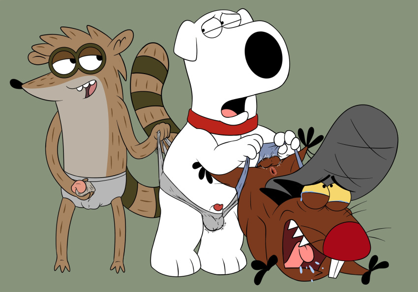 3_fingers 3_toes animal_genitalia animal_penis anus ballbusting balls beaver blue_clothing blue_underwear bodily_fluids brian_griffin buckteeth canid canine canine_penis canis cartoon_network clothing cock_and_ball_torture collar daggett_beaver domestic_dog family_guy fingers genital_torture genitals grey_clothing grey_underwear group hi_res magzol male mammal nickelodeon penis procyonid raccoon regular_show rigby_(regular_show) rodent smile tears tears_of_pain teeth the_angry_beavers toes tongue tongue_out underwear wedgie