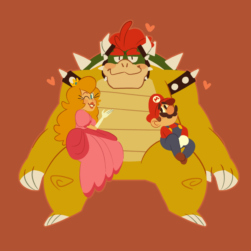 &lt;3 1:1 absurd_res anthro bowser claws clothing dress female group hat headgear headwear hi_res human koopa lipstick makeup male mammal mario mario_bros nintendo on_lap one_eye_closed overalls princess_peach reptile scalie shell sitting_on_lap starjeti video_games wink