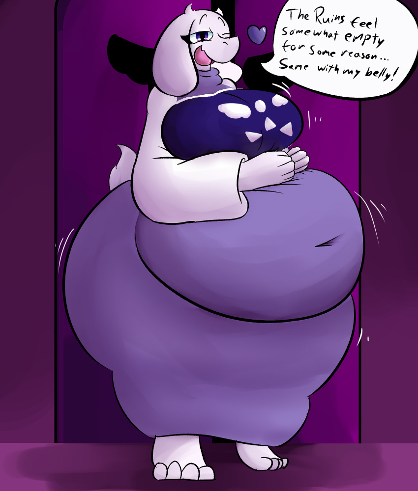 &lt;3 after_vore anthro belly big_belly big_breasts boss_monster bouncing_breasts bouncing_butt bovid breasts caprine english_text female female_pred hi_res mammal mature_female navel oral_vore solo text the_hookaloof toriel undertale video_games vore wide_hips
