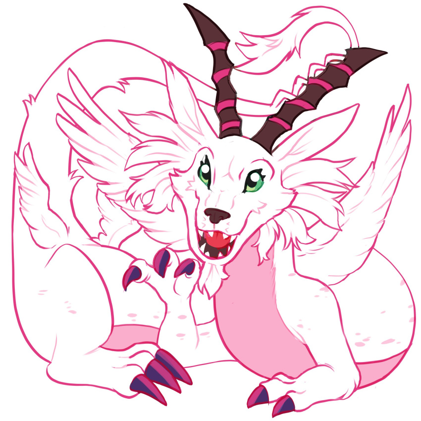 1:1 3_toes ambiguous_gender claws digimon digimon_(species) dragon eyelashes feligriffin feral fur furred_dragon green_eyes hi_res horn lying magnadramon multi_wing open_mouth pink_body pink_fur simple_background teeth toes tongue white_background wings