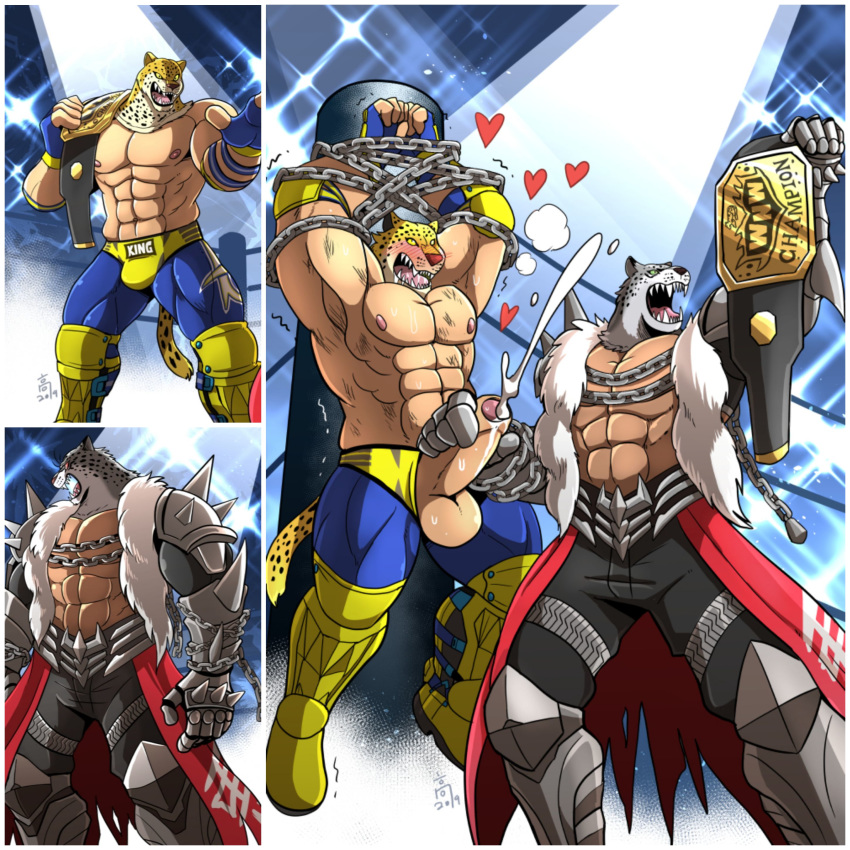 1:1 absurd_res anthro armor_king big_muscles chained duo ejaculation hi_res huge_muscles king_(tekken) male male/male muscular raised_arm takataka tekken video_games