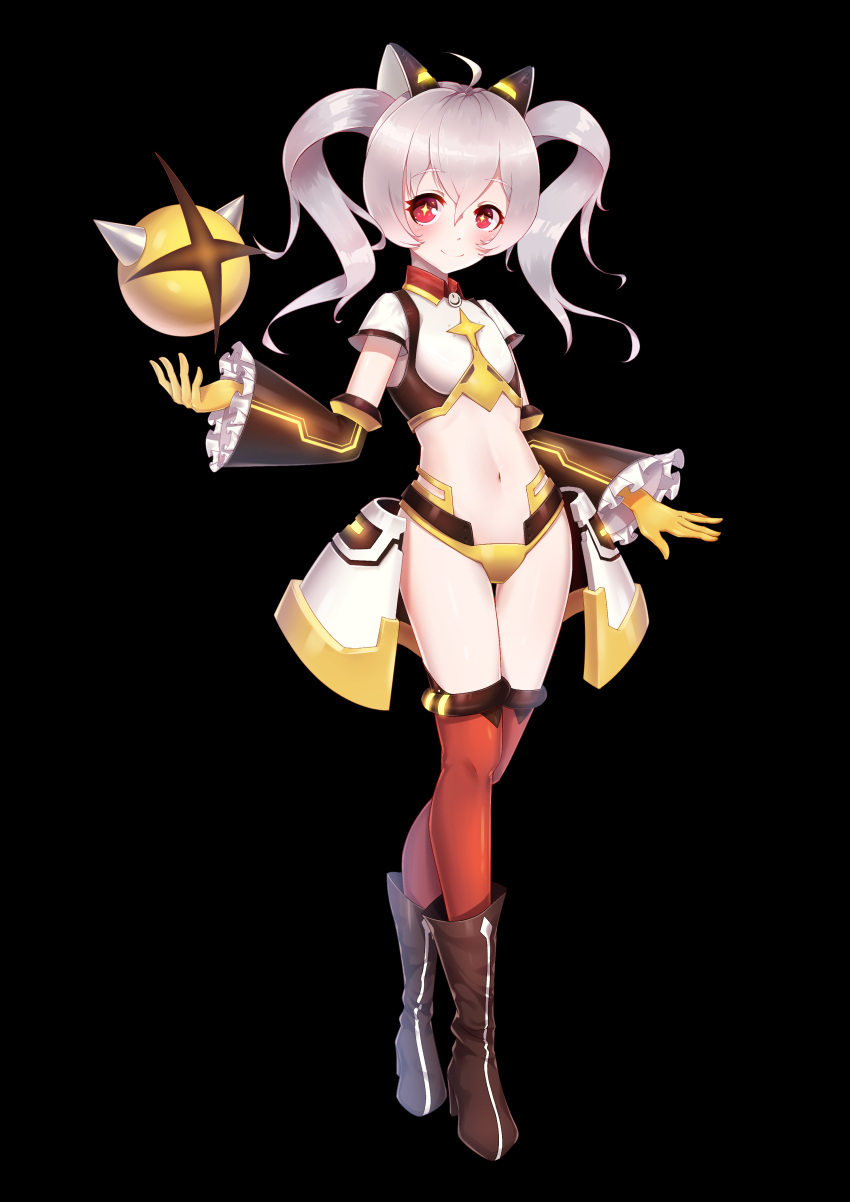 1girl absurdres ahoge armor bikini_armor black_background black_footwear boots crop_top crossed_legs detached_sleeves drone faulds flat_chest frilled_sleeves frills full_body ge_zhong_kuaile girl_cafe_gun gloves high_heel_boots high_heels highres long_hair looking_at_viewer midriff navel red_eyes red_legwear silver_hair simple_background smile solo standing stomach thighhighs thighs twintails watson_cross wing_collar yellow_gloves