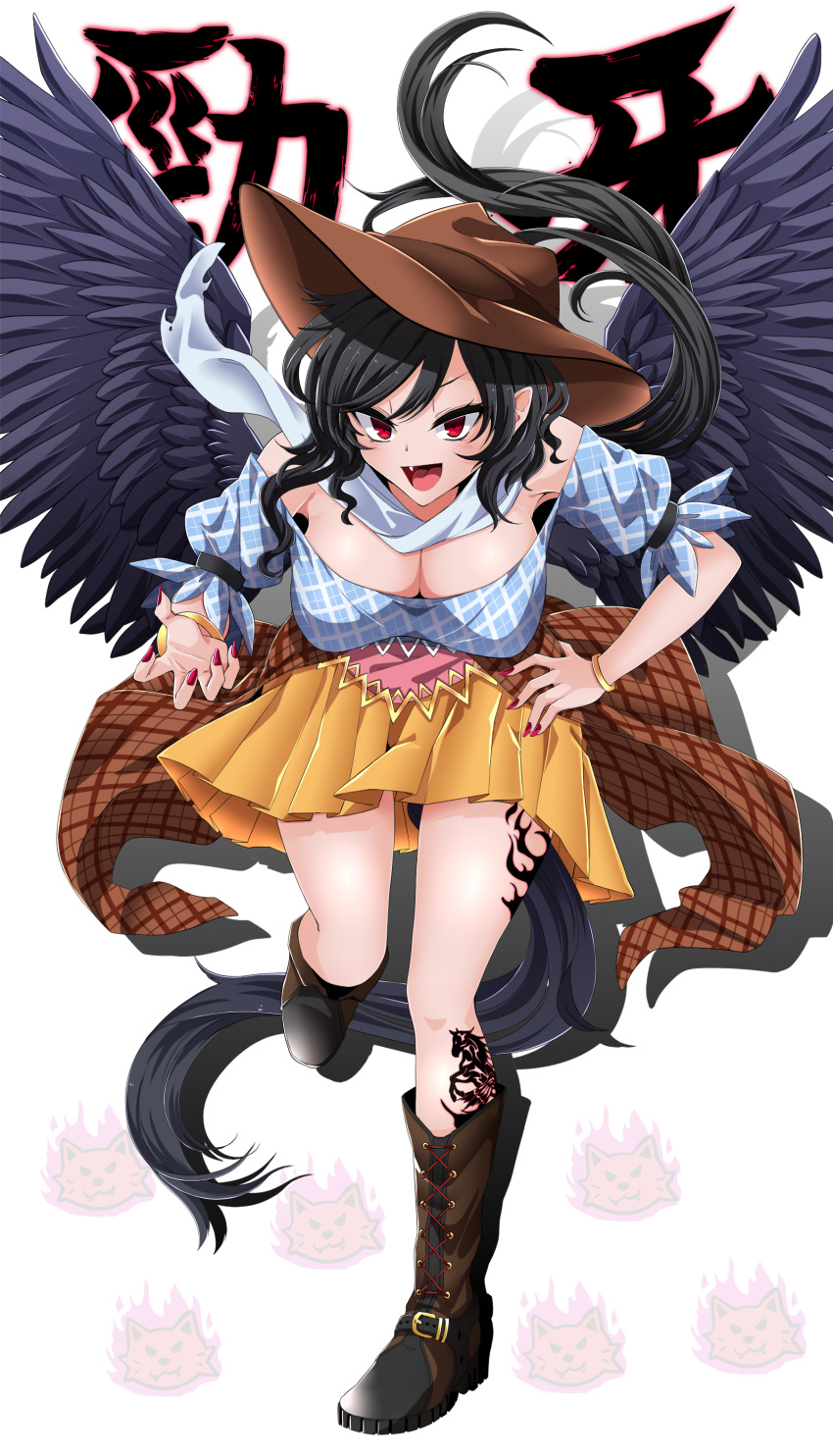 1girl :d absurdres bandana bangs bare_shoulders black_footwear black_hair black_wings blue_shirt boots bracelet brown_headwear cowboy_hat fang feathered_wings hand_on_hip hat highres jewelry kurokoma_saki leaning_forward long_hair looking_at_viewer nail_polish off-shoulder_shirt off_shoulder open_mouth orange_skirt plaid plaid_shirt puffy_short_sleeves puffy_sleeves red_eyes red_nails rihito_(usazukin) shirt short_sleeves simple_background skirt smile solo thighs touhou unmoving_pattern white_background wings