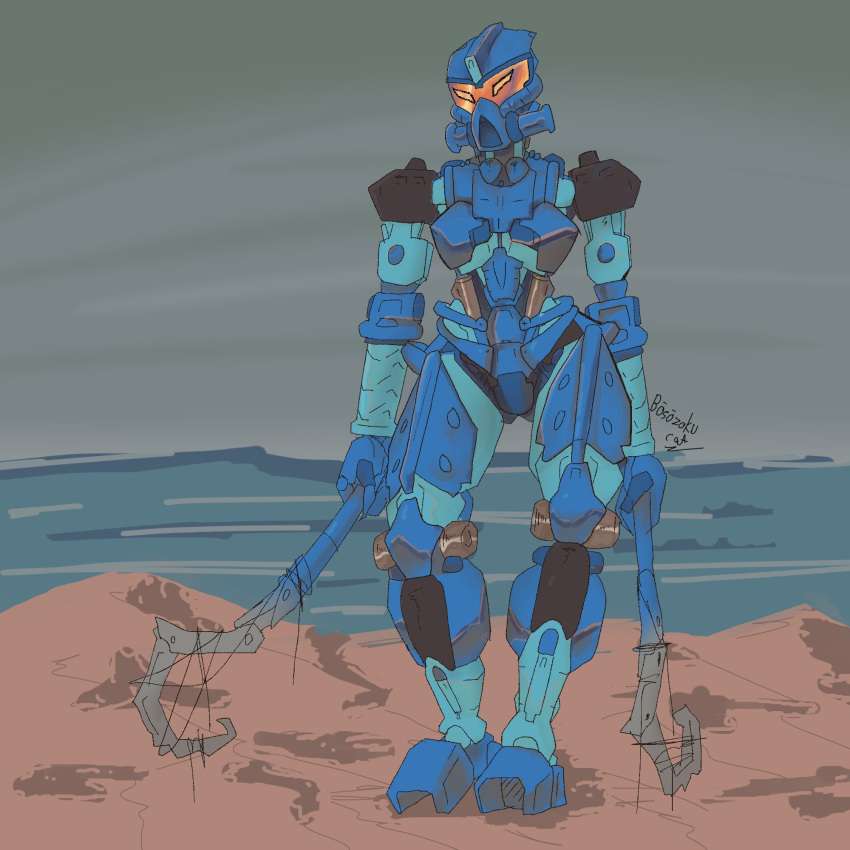 1:1 armor bionicle blue_body digital_drawing_(artwork) digital_media_(artwork) female fingers gali geoastrocat grey_sky hi_res holding_object holding_weapon hooks humanoid lego machine mask melee_weapon metallic_body mouthless not_furry orange_eyes outside robot robot_humanoid rock sea seaside signature simple_background sky solo standing text toa water weapon