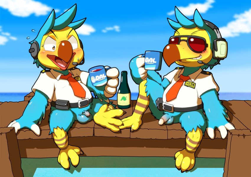 alcohol amber_eyes angry animal_crossing anthro avian balls barefoot belt beverage bird blue_body blue_feathers blush bodily_fluids bottomless brother brothers circumcised clothed clothing cloud columbid cup dock dodo drunk duo erection eyewear feathers flaccid foreskin genitals grin headgear headphones headset hi_res male nakayan necktie nintendo open_mouth orville_(animal_crossing) outside penis penis_envy sea shirt sibling sitting sky small_penis smile spreading substance_intoxication sunglasses sweat talons topwear video_games water wilbur_(animal_crossing) wine wine_bottle