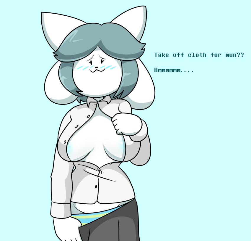 :3 blush clothed clothing clothing_pull dead-end female hair hi_res looking_at_viewer mammal open_shirt panties pattern_clothing pattern_underwear shirt striped_clothing striped_panties striped_underwear stripes tem temmie_(undertale) topwear undertale underwear video_games white_body