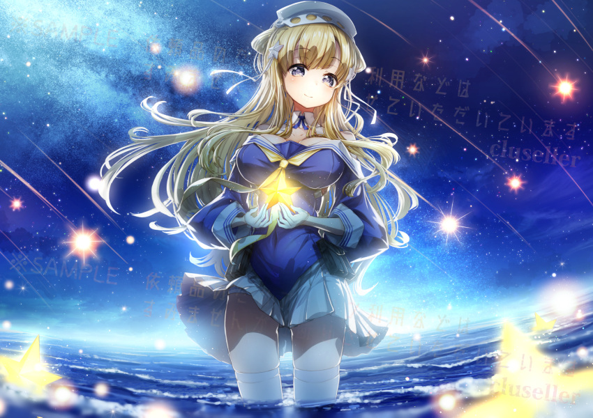 1girl background_text blonde_hair blue_eyes blue_shirt breasts cleavage cluseller commentary_request cowboy_shot double_bun fletcher_(kantai_collection) gloves hair_ornament hairband horizon kantai_collection large_breasts long_hair looking_at_viewer meteor_shower neckerchief night off_shoulder pleated_skirt remodel_(kantai_collection) sailor_collar school_uniform serafuku shirt skirt sky solo standing star star_(sky) star_hair_ornament starry_sky thighhighs water white_gloves white_legwear white_sailor_collar white_skirt yellow_neckwear