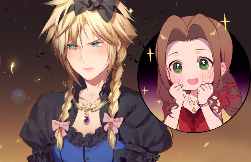 1boy 1girl aerith_gainsborough alternate_costume blonde_hair blue_eyes blush bow braid cloud_strife crossdressing dress embarrassed final_fantasy final_fantasy_vii final_fantasy_vii_remake hair_bow happy highres hmniao otoko_no_ko smile sparkle sparkling_eyes twin_braids