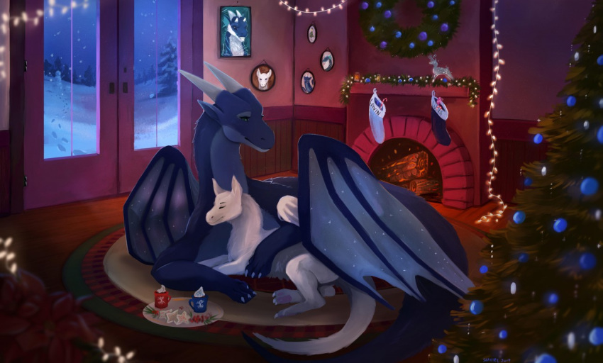 beverage christmas christmas_tree cuddling dragon duo feral fire fireplace fur furred_dragon holidays horn inside lavin luna_fluff membrane_(anatomy) membranous_wings paws rug saphireshear scalie size_difference snow tree western_dragon wings wreath