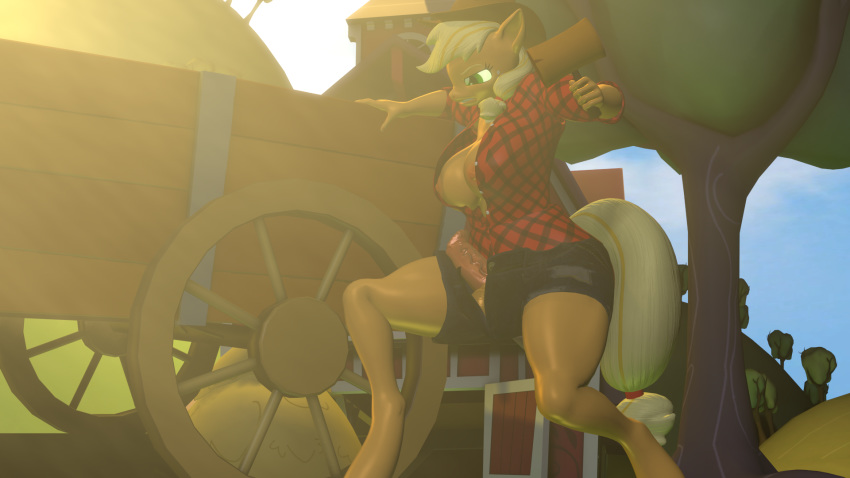 16:9 3d_(artwork) animal_genitalia animal_penis anthro applejack_(mlp) balls blonde_hair breasts cart clothed clothing digital_media_(artwork) earth_pony equid equine freckles friendship_is_magic genitals green_eyes gynomorph hair hammer hasbro hat hatter's_lye headgear headwear hi_res horse intersex mammal my_little_pony nipples nude outside penis pony solo tools widescreen