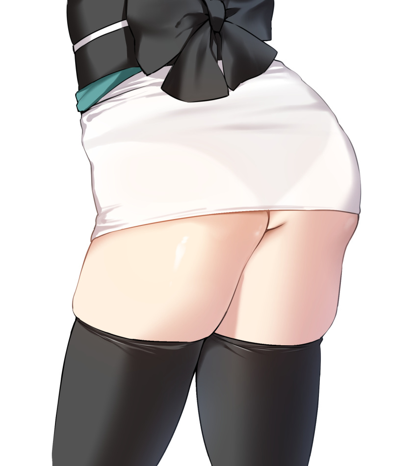 1girl ass ass_focus black_legwear cowboy_shot dress fate/grand_order fate_(series) from_behind highres iriehana lower_body microdress okita_souji_(fate) okita_souji_(fate)_(all) pencil_dress see-through skindentation standing thighhighs thighs waist_bow white_background white_dress