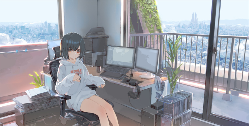 black_hair brown_eyes building cat_smile city computer dress fan headphones hoodie izumi_sai original paper short_hair waifu2x