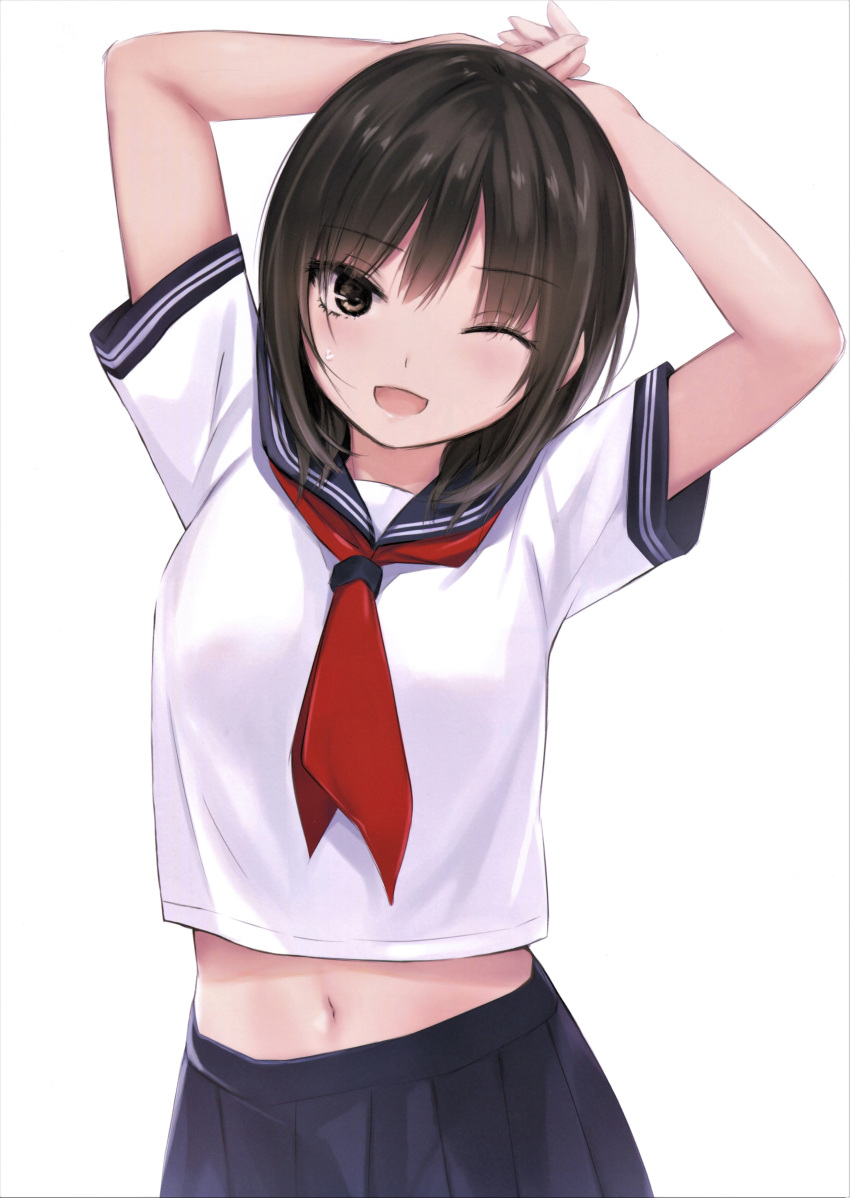 1girl absurdres aoyama_sumika bangs black_hair blue_skirt blush breasts brown_eyes coffee-kizoku eyebrows_visible_through_hair hair_between_eyes head_tilt highres looking_at_viewer medium_hair midriff_peek navel neckerchief one_eye_closed open_mouth original pleated_skirt red_neckwear school_uniform serafuku short_sleeves signature simple_background skirt smile solo stomach sweat white_background