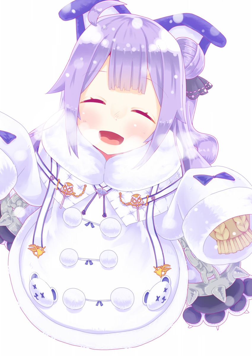 1girl :d ahoge animal_ears azur_lane blush breath brown_sweater closed_eyes coat cosplay fake_animal_ears fur-trimmed_coat fur_trim hair_bun highres hujikok open_mouth pom_pom_(clothes) purple_eyes side_bun simple_background sleeves_past_wrists smile solo sweater tashkent_(azur_lane) tashkent_(azur_lane)_(cosplay) unicorn_(azur_lane) white_background white_coat winter_clothes