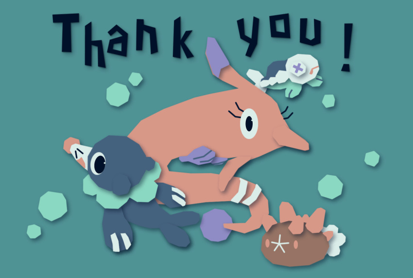 ._. black_eyes commentary creature english_commentary full_body gen_7_pokemon gorebyss green_background no_humans papercutting pokemon pokemon_(creature) popplio pyukumuku simple_background thank_you unconventional_media wishiwashi wishiwashi_(solo)